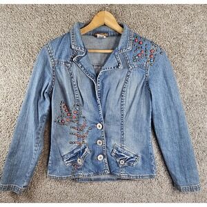 Department of Peace Denim Embellished‎ Studded Flower Coat Blazer Women's Small